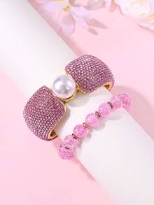 Set de 2 piezas de pulsera elegante con cristales de CCB y pulsera con cuentas, adecuado para uso diario, fiestas y bodas de mujeres, regalo de joyería - conjunto de pulsera - Ver 1