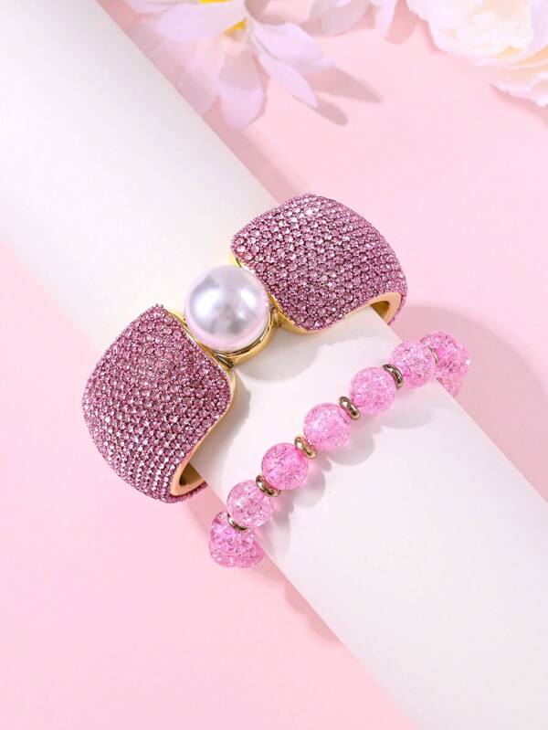  Set de 2 piezas de pulsera elegante con cristales de CCB y pulsera con cuentas, adecuado para uso diario, fiestas y bodas de mujeres, regalo de joyería