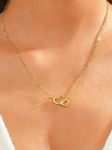 1pc Fashionable Minimalist Women's Interlocking Heart Pendant Necklace, Suitable For Daily Wear, Couples, Best Friends, Valentine's Day Gift - Yellow Gold - View 2