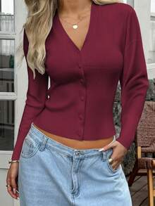 Áo khoác cardigan cổ chữ V màu trơn cài cúc kiểu Y2K Sunshine Girl gợi cảm, thích hợp cho mùa xuân, ngày Valentine và mùa tựu trường. - Màu Đỏ Sâu - Xem 9