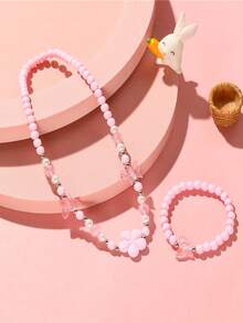 2pcs/Set Girls Cute Heart & Butterfly Beaded Necklace & Bracelet Set, Suitable For Daily Wear, Valentine's Day, Party, Girls Gift