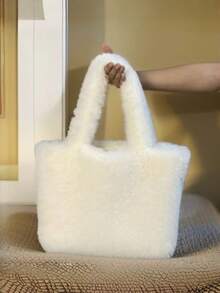 1pc Customized Embroidered Name/Text Plush Tote Bag - Soft Faux Fur Handbag, Suitable For Commuting, Travel, School, Lightweight & Elegant With Adjustable Shoulder Strap, Machine Washable, Great Christmas Gift