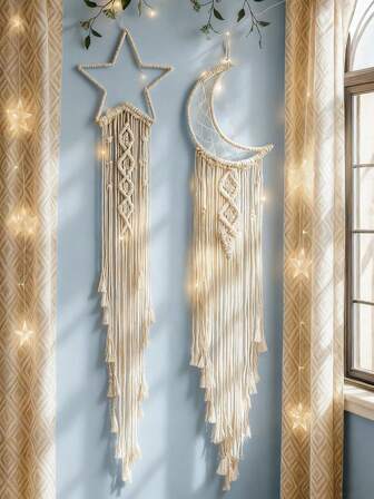 Hand-Woven Lace Star And Moon Dreamcatcher Wall Hanging, Bohemian-Style Home Decoration Wall Decoration, Suitable For Home Wedding, Living Room, Bedroom, Festival Gift Decoration (Excluding Lights)