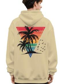 Sudadera casual para hombres con gráfico de palmera tropical y puesta de sol, diseño de gaviota blanca, ajuste holgado, bolsillo canguro, tela elástica, lavable a máquina. Perfecta para primavera y otoño, sudadera casual con estampado tropical, sudadera de tela elástica, mejor opción para regalos de vacaciones. - Albaricoque - Ver 6