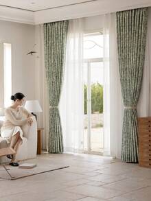 1pc French Jacquard Leaf Print Blackout Curtain, High-End Luxurious Retro Window Curtain Decor For Bedroom And Living Room