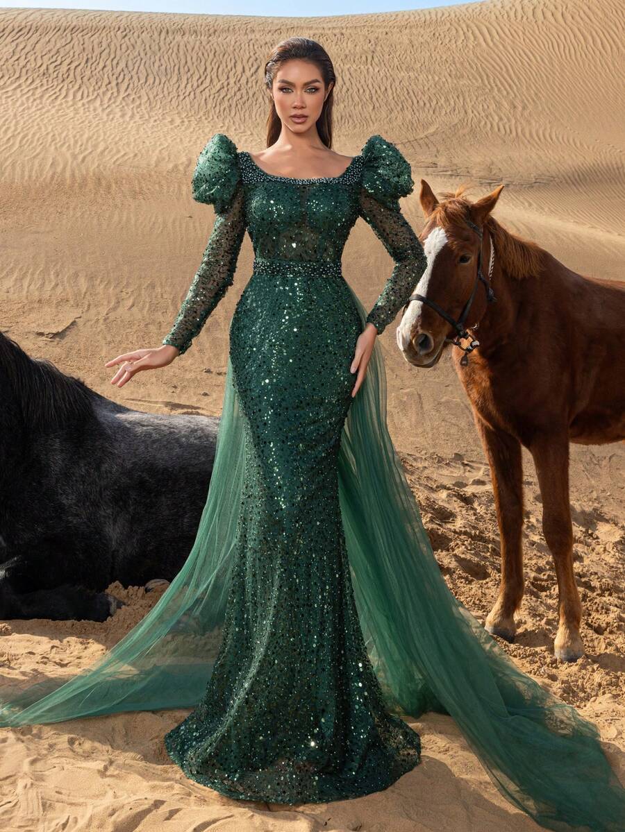Faeriesty 女士闪亮串珠方领美人鱼长款礼服，泡泡袖，水晶刺绣紧身胸衣，薄纱拖尾，适合红毯晚宴、正式婚礼、晚宴招待会、奢华盛大活动等场合。 - 墨綠色 - 查看 1