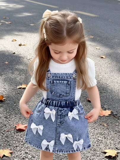 Girls' Fashion Washed Denim Pinafore Dress With 3D White Bow, Adjustable Strap