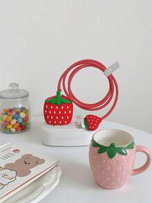 Bộ 4 ốp bảo vệ cáp sạc hình dâu tây và táo hoạt hình dễ thương, tương thích với iPhone 18/20W - Bảo vệ cáp và phích cắm, chống trầy xước và va chạm. - Đỏ - Xem 3