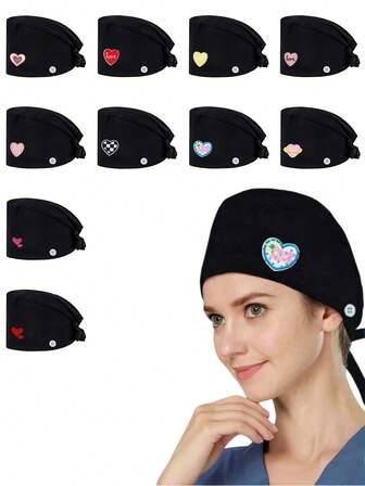 1 st. unisex arbetsmössa/sjuksköterskemössa i polyester med hjärtlogotyp, fukttransporterande svettband, justerbar remdesign, lämplig för veterinärer, tandläkare, skönhetskliniker, läkare, sjuksköterskor och städpersonal