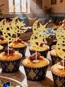 12pcs Shiny Moon & Star Eid Cupcake Toppers, Ramadan Party Supplies/Ramadan Decorations/Ramadan Gifts, Islamic Crescent Moon Star Cake Decorations, Durable Holiday Items, Suitable For Eid Mubarak/Eid Celebration, Graduation, Birthday, Candles, Gifts, Happy Holidays Home Celebrations And Event Planning - Multicolor - View 2