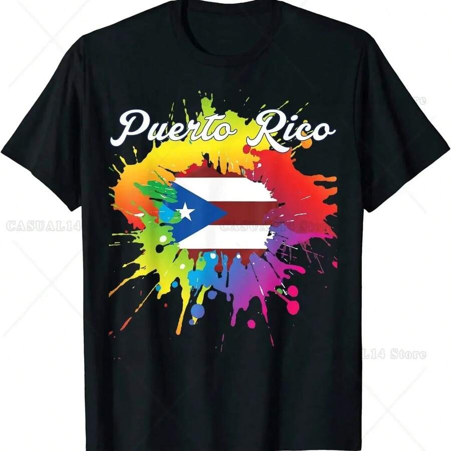 Puerto Rico Flag Best Design Watercolorful O-Neck Cotton T Shirt Men Casual Short Sleeve Tees Tops Harajuku Streetwear - màu đen - Xem 1