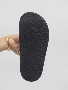 Women's Double Buckle Decor Fashion Round Toe Low Heel Flat Sandals, Comfortable Black Slide Slippers, Casual For Indoor & Outdoor Wear, Summer - Black - View 8