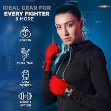 WYOX Vendas de Gel Boxeo, Guantes Interiores para Hombre y Mujer, Correa de muñeca de 80 cm, Soporte Acolchado para Nudillos, Vendas sin Dedos para Entrenamiento de MMA - L-XL-Rojo - Ver 4