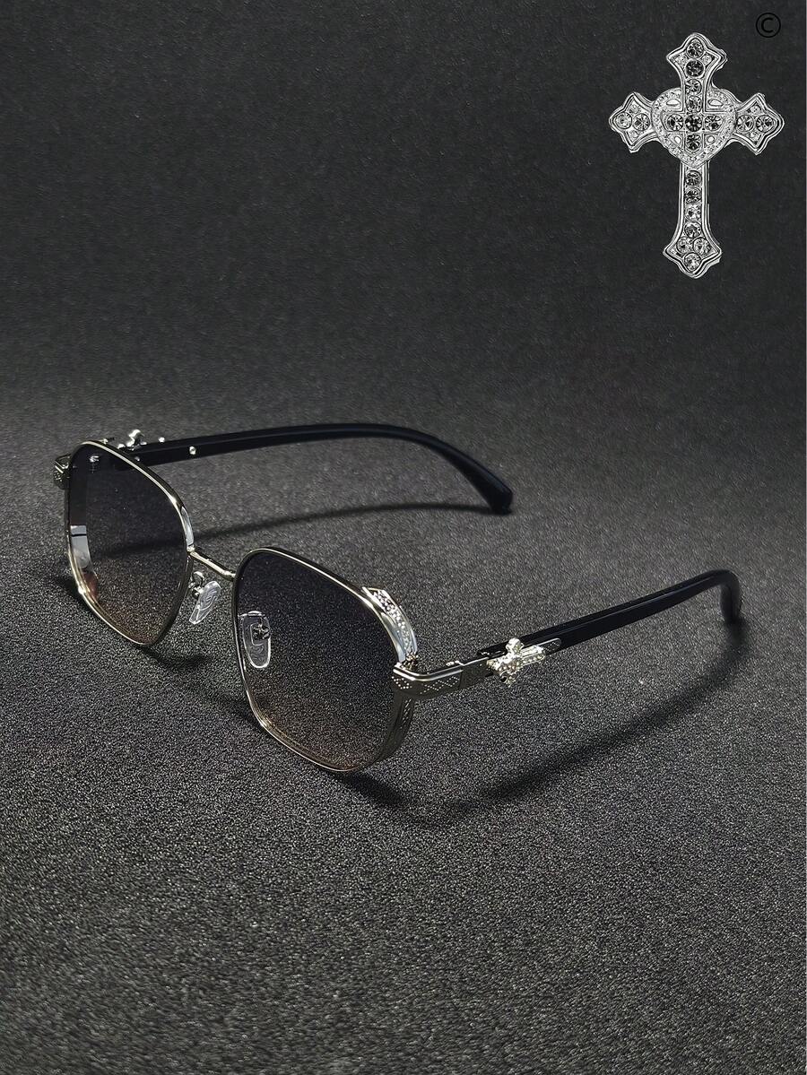 Diamond Heart Cross 1pc Retro Metal Square Frame Steampunk Fashion Glasses, European And American Fashion Personalized Crossborder Metal Frame Fashion Glasses, Classic Square Frame Business Style Fashion Glasses With Heart & Cross Rhinestone Decor (Glasses Case + Glasses Cloth + Glasses Strap) - 彩色 - 查看 1