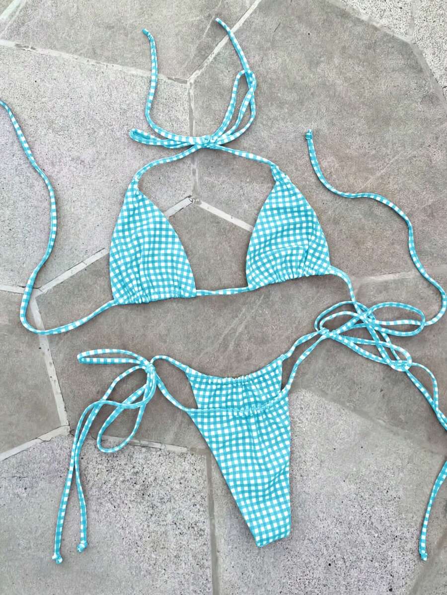 2026 女士蓝白格子吊带系带比基尼，甜美性感两件套，适合浪漫假期、夏季海滩、女士生日装、女士健身服、女士优雅连衣裙、女士度假装、女士休闲上衣 - 彩色 - 查看 1