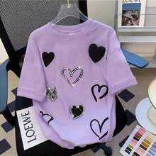 Dama camiseta casual  corazones estampado pedrería arte tejido suave holgada cuello redondo manga corta primavera verano uso diario T-shirt - Lila Púrpura - Ver 1