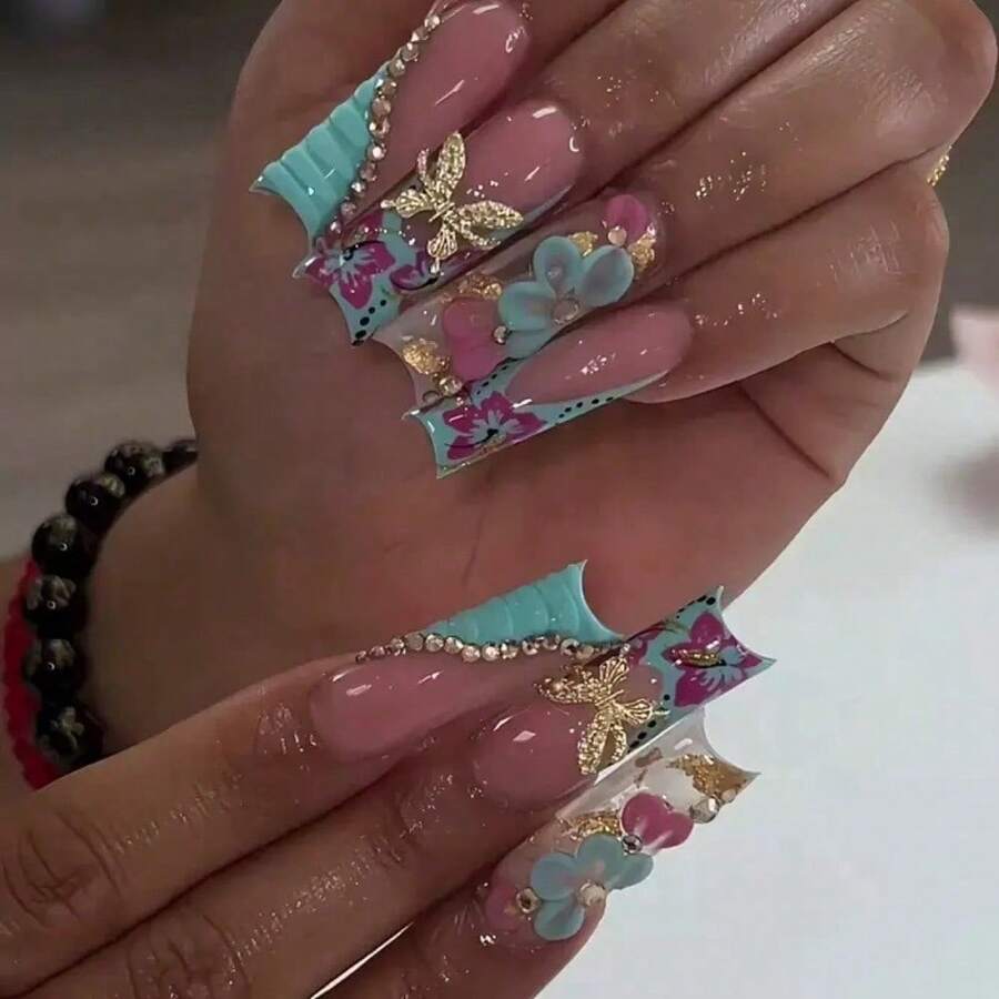 Exquisite Fashion  New Products, Sparkling Flowers, Broken Diamonds, Blue Butterflies, High-End Long European Square Nail Art Products - D-32 - 查看 1