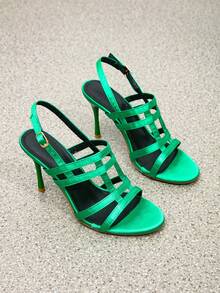 Women's Summer Bright Green Stiletto Open Toe Sandals, Buckle Criss-Cross Strap Strap Design, Elegant Versatile Outdoor Fairy Style High Heel Sandals - Green - View 6