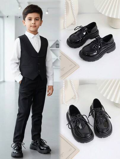 1 Pair Black Infant/Toddler Basic Casual Leather Shoes, Solid Color Soft Shiny Patent Leather Material, Classic Round Toe Elastic Soft Bottom Lace-Up Design, Fashion British Style Loafers Suitable For 3-12 Years Old Boys And Girls, Daily Casual, Vacation, School, Party, Spring/Autumn 2026 New Arrival