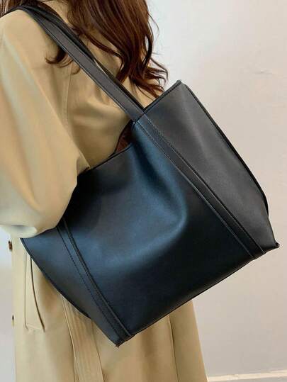 Minimalist One Shoulder Tote Bag, Includes Inner Pouch, Black Vintage Large Capacity Solid Color Shoulder Bag, Compact And Portable, Can Be Used As Mother-Child Bag, Backpack, Handbag, Etc. This Bag Has A Large Capacity, Is Portable And Easy To Use, With A Classic Casual And Business Casual Style, Suitable For Teenagers, Women, College Students