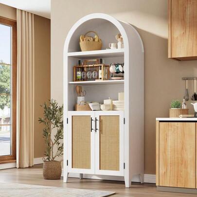 LIZHOUMIL Arched Kitchen Pantry Storage Cabinet ,5-Tier Open Display Shelf With Rattan Decor, Farmhouse Storage Cabinet For Kitchen, Dining Room, Living Room