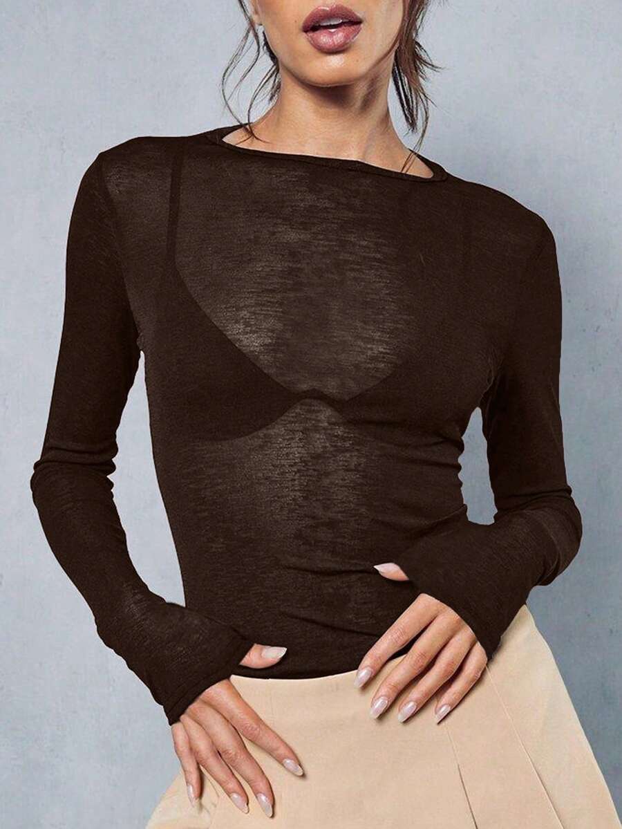 Y2K Elastic Sheer Long Sleeve Crew Neck Fitted T-Shirt Top - Dark Brown - View 1