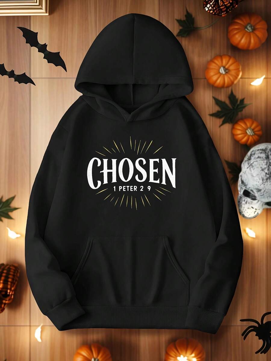 1pc Women-S Plus Size Casual Hoodie Chosen Geometric Pattern, 1 Peter 29 Scripture, Non-Stretch Fabric, Hooded Collar, Pocket - FallWinter Collection - Black 8 - View 1