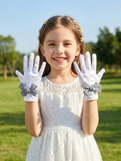 1 đôi găng tay ren thêu rỗng họa tiết kẻ caro trắng cao cấp dành cho bé gái, thích hợp cho váy cưới, chụp ảnh, biểu diễn sân khấu, công chúa, bé gái cầm hoa, sinh nhật, găng tay năm ngón có độ co giãn cao.