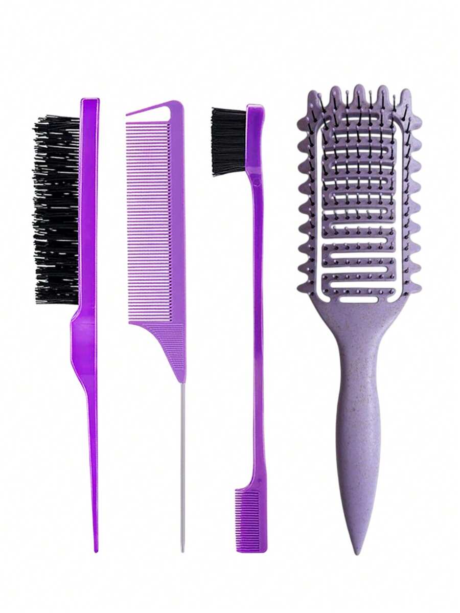 4件套卷发造型梳套装，包含1把卷发定型梳和3把造型梳（后梳、尖尾梳、边缘梳），符合人体工学的透气刷毛设计，适用于干湿两用卷发，适合所有发质，男女通用造型工具