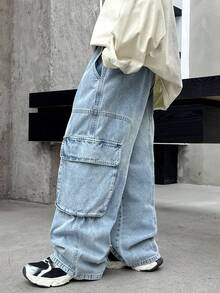 青少年男童工装口袋阔腿宽松休闲牛仔裤 - 淺藍色 - 查看 8