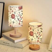 Red Rose Patterns Desk Lamp LED Bulb Included(Three Lighting Settings), Small Bedside Table Lamp - Classic Wood Base With Flaxen Fabric Shade, Lamps For Night Stands, Simple Nightstand Light For Bedroom, Office, Desk - 彩色 - 查看 3