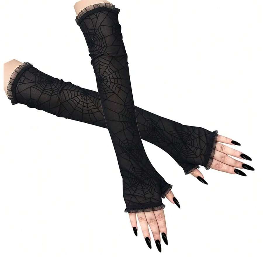 Mrotrida Women's Punk Fingerless Glove Cosplay Ripped Gloves For Halloween Costume Party 1Pair,FFBlackssspiderWeb - FBlacksspiderWeb - View 1