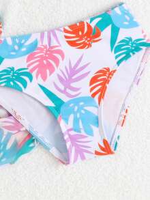Young Girls Colorful Leaf Pattern Swimsuit Set - Multicolor - View 4