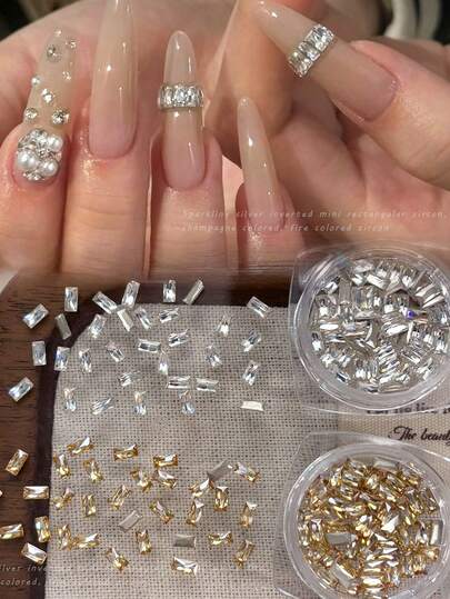 50pcs Rectangular Zirconia Nail Art Decorations, 2*4mm Flashy Rhinestone DIY Nail Accessories, Transparent White & Champagne Flat Bottom Naked Rhinestones Nails