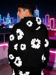 Sudadera Unisex con Capucha Estampado Flores - Mezcla de Estilo Vintage Y2K y Gótico Harajuku para Hombre | Sudadera Oversize de Algodón para Streetwear Alternativo, Looks Grunge y Outfits de Moda Urbana para Festivales o Uso Diario con Envío a Todo México. - Blanco y Negro - Ver 4