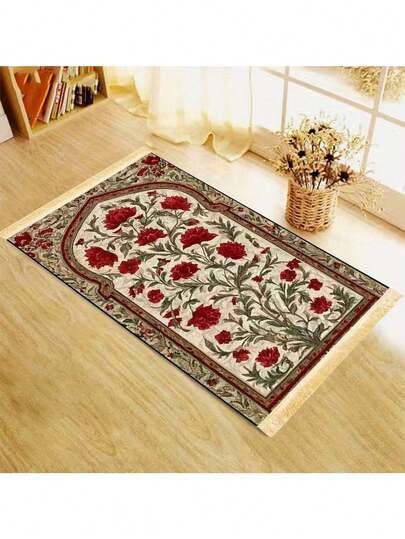 1pc Red Floral Pattern Worship Mat, Living Room Floor Mat, Bedroom Decor, Home Casual Carpet, Decorative Rug, Small Rug, Carpet, Home Decor, Living Room Carpet, Living Room Small Rug, Bedroom Carpet, Living Room Home Decor, Outdoor Rug, Plush Carpet, Furry Carpet, Autumn/Winter Carpet, Thick/Plush, Washable Carpet