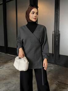 DAZY Chaqueta casual de manga larga con lazo y unicolor para mujer, para otoño/invierno - Gris - Ver 1