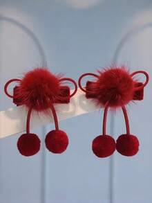 2pcs Kids Cute Fluffy Ball Hair Clips, Sweet Fresh Bangs Side Clips, Fashionable Bowknot Barrettes