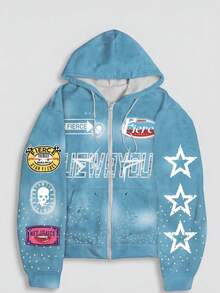 Sudadera con capucha con cremallera y estampado completo con estrellas y letras, cárdigan holgado y casual, unisex - Azul - Ver 1