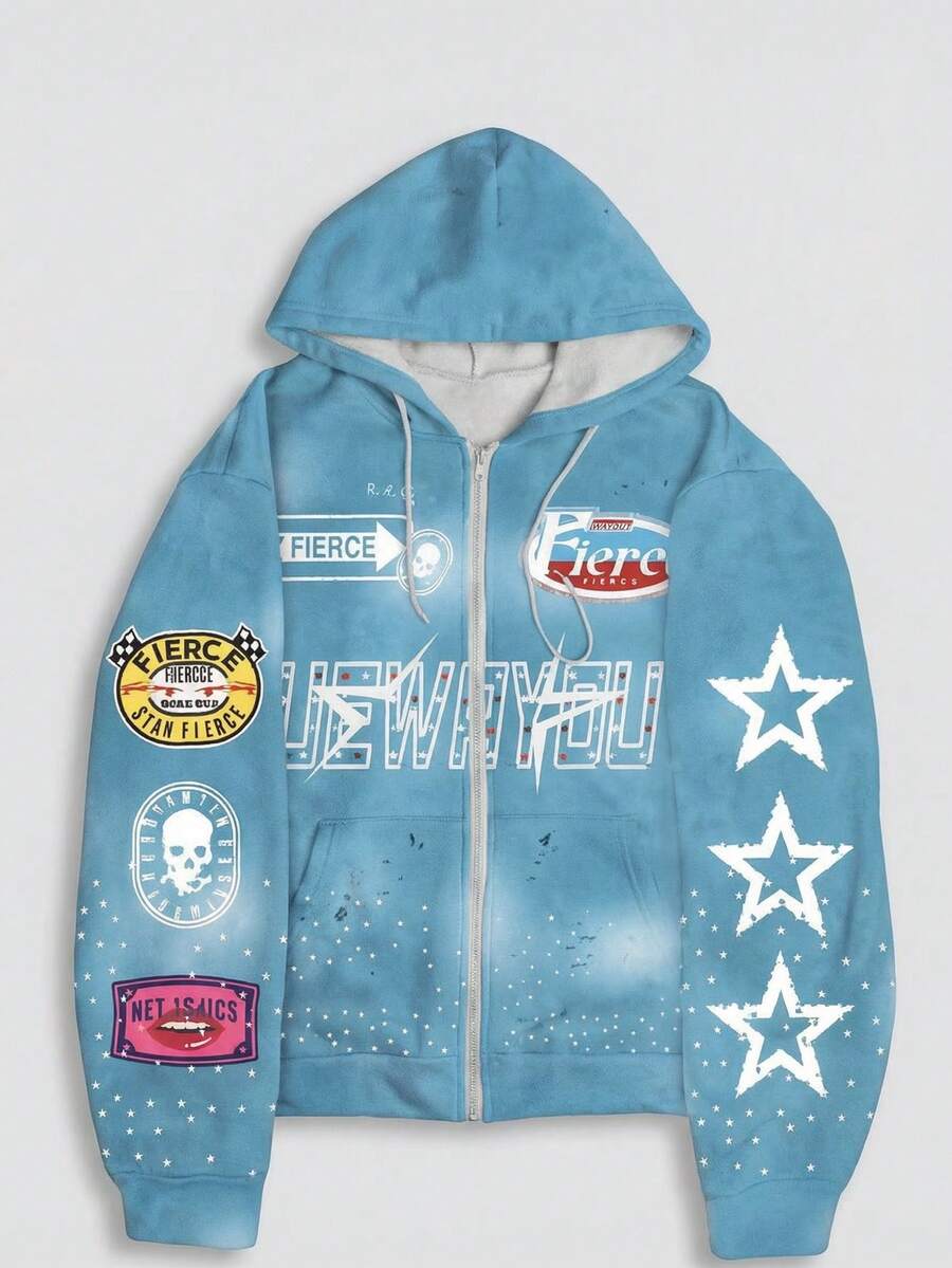 Sudadera con capucha con cremallera y estampado completo con estrellas y letras, cárdigan holgado y casual, unisex - Azul - Ver 1