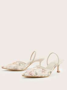 尖头网纱印花踝带细高跟鞋，适合婚礼和派对 - 杏色 - 查看 2