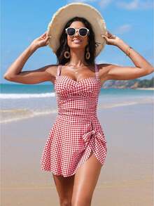 Women's One-Piece Swimsuit Dress, Figure-Flattering And Slimming, With A Tummy-Concealing Design. This Conservative, Full-Coverage Swimsuit Dress Is Perfect For A Comfortable And Elegant Look During Summer Leisure Activities. - 藕粉色 - 查看 1