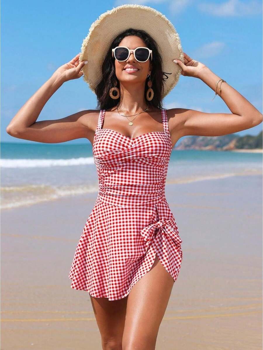 Women's One-Piece Swimsuit Dress, Figure-Flattering And Slimming, With A Tummy-Concealing Design. This Conservative, Full-Coverage Swimsuit Dress Is Perfect For A Comfortable And Elegant Look During Summer Leisure Activities. - 藕粉色 - 查看 1