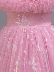 闪光泡泡纱花卉印花派对礼服,优雅正式礼服,适合年轻女孩公主舞会礼服 - 藕粉色 - 查看 6