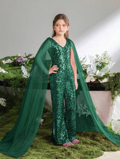 ALISA&LEO Bộ jumpsuit cổ chữ V đính sequin kèm khăn choàng dài voan mỏng - Trang phục dạ hội thanh lịch cho bé gái, bộ jumpsuit dự tiệc đa năng phù hợp cho buổi chụp ảnh quyến rũ.