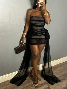 网纱透视露背迷你连衣裙，配飘逸腰带和拖尾 - 圣诞鸡尾酒会、婚礼宾客、盛大晚宴礼服、圣诞节和新年夜女士服装 - 黑色 - 查看 7