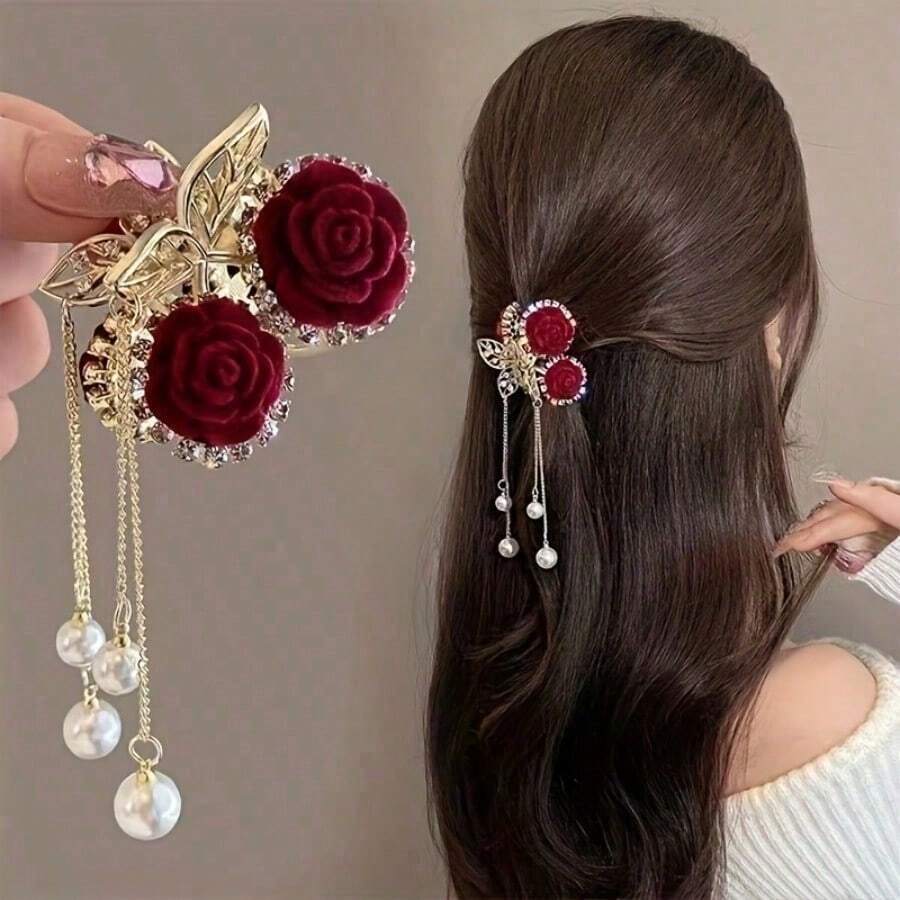 1pcElegant Vintage Rose Pearl Fringe Hair Clip - Alloy Floral Design With Red Felt Rose And Gemstone, Suitable For Pony And Bun, Perfect Gift For Mother's Day Or Valentine's Day, Floral Hair Accessories - 金玫瑰 - 查看 1