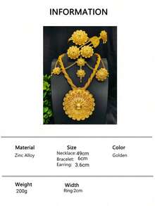 1 dây chuyền, 1 đôi bông tai, 1 vòng tay, 1 nhẫn, 1 kẹp tóc, 1 dây đeo đầu, bộ trang sức hợp kim hình hoa phong cách Trung Đông Dubai, phù hợp cho người Ả Rập Saudi, đám cưới và tiệc tùng, bộ trang sức tông vàng 6 món - Vàng - Xem 6