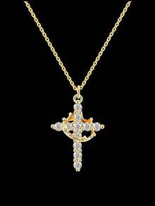 Mother's Day Gifts For Mom Upgraded Crown Cross Necklace For Women 14K Gold Plated Crown Cross Pendant Necklace Simple Diamond Gold Necklaces Faith Cross Jewelry First Communion Necklace - 金色 - 查看 1