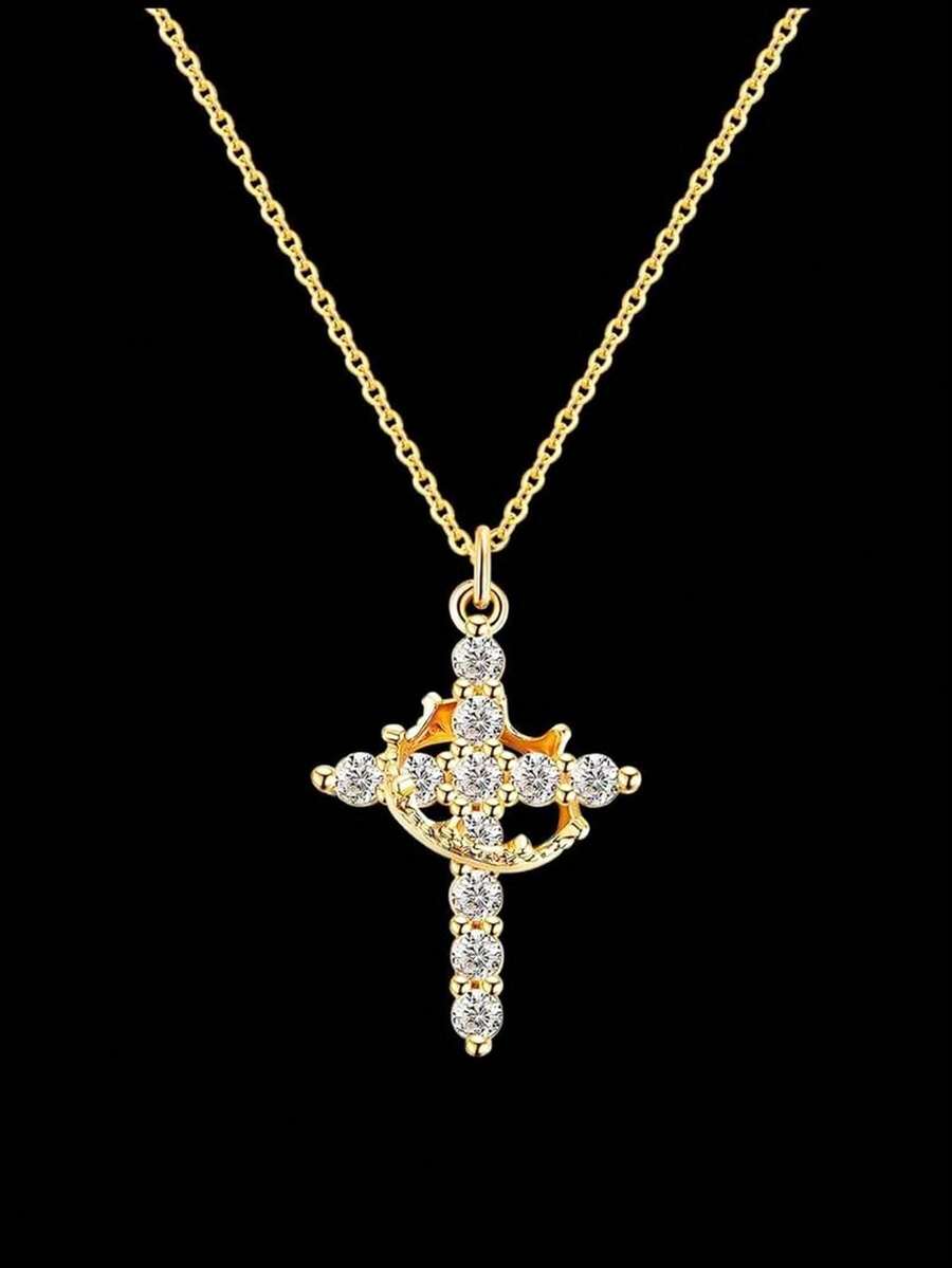 Mother's Day Gifts For Mom Upgraded Crown Cross Necklace For Women 14K Gold Plated Crown Cross Pendant Necklace Simple Diamond Gold Necklaces Faith Cross Jewelry First Communion Necklace - 金色 - 查看 1